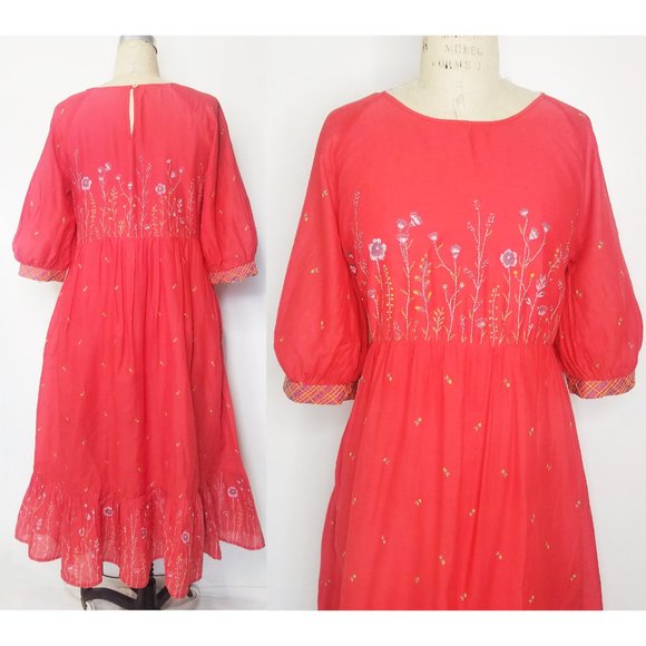 Vintage Womens Prairie Dress Boho Bohemian Empire Waist Floral Summer Red M/L - Picture 4 of 7
